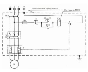 Нереверсивная схема магнитного пускателя с катушкой на 220 В